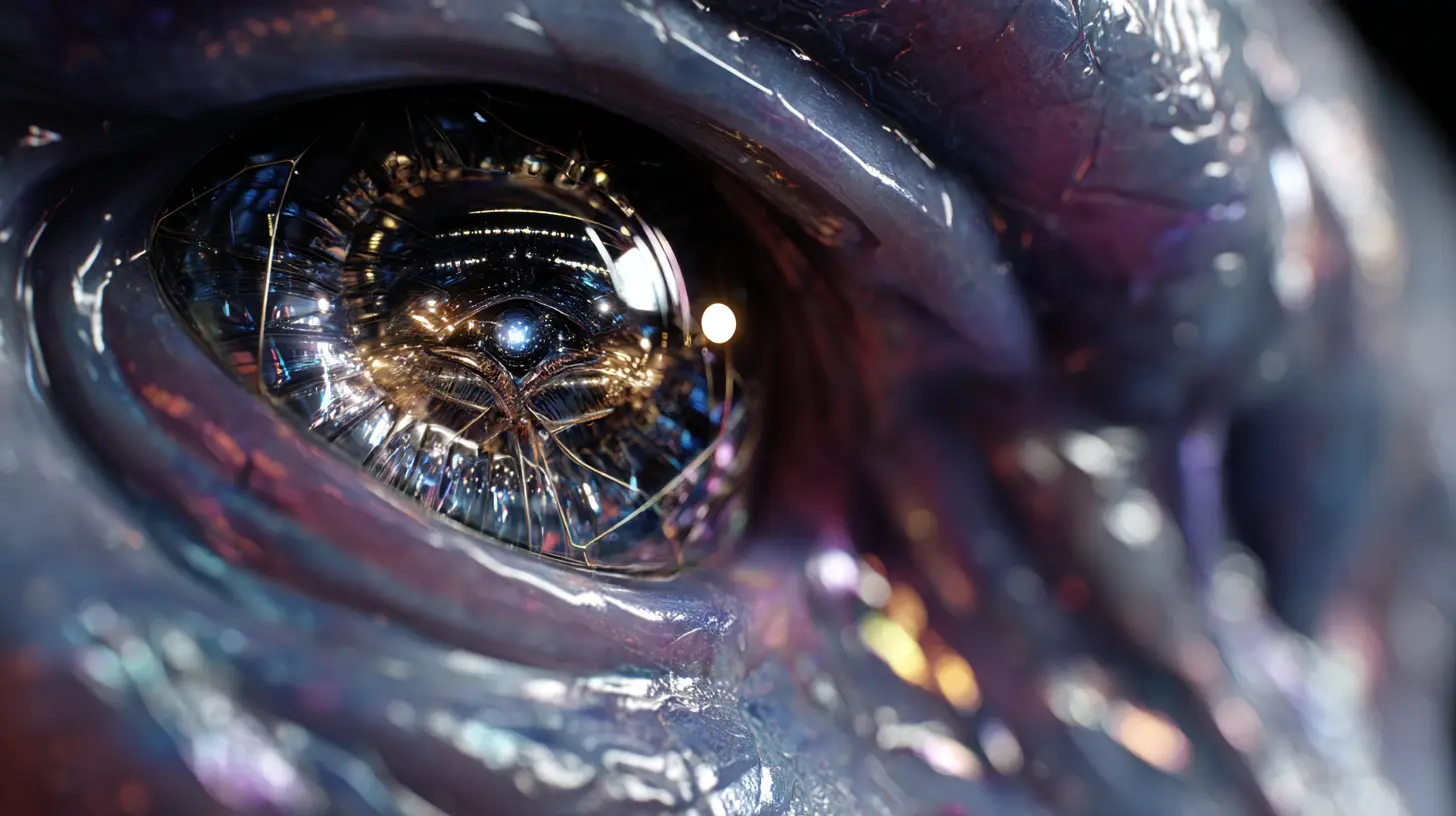 Extreme macro close-up of a biomechanical eye with intricate reflections, symbolizing the high-definition AI vision and cinematic detail of Celestia Records studio.